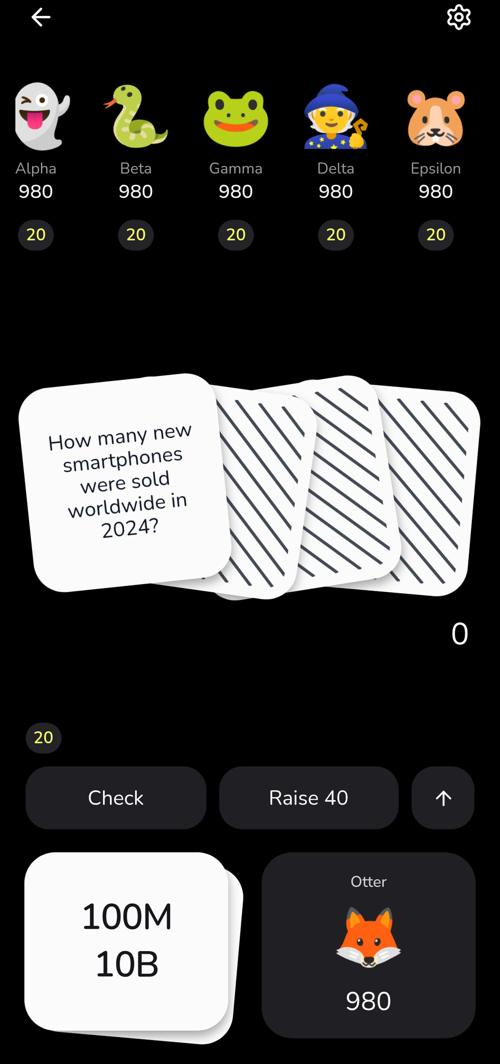 A Fermi Poker table mid-hand: five AI opponents, a question about numbers, and the range slider